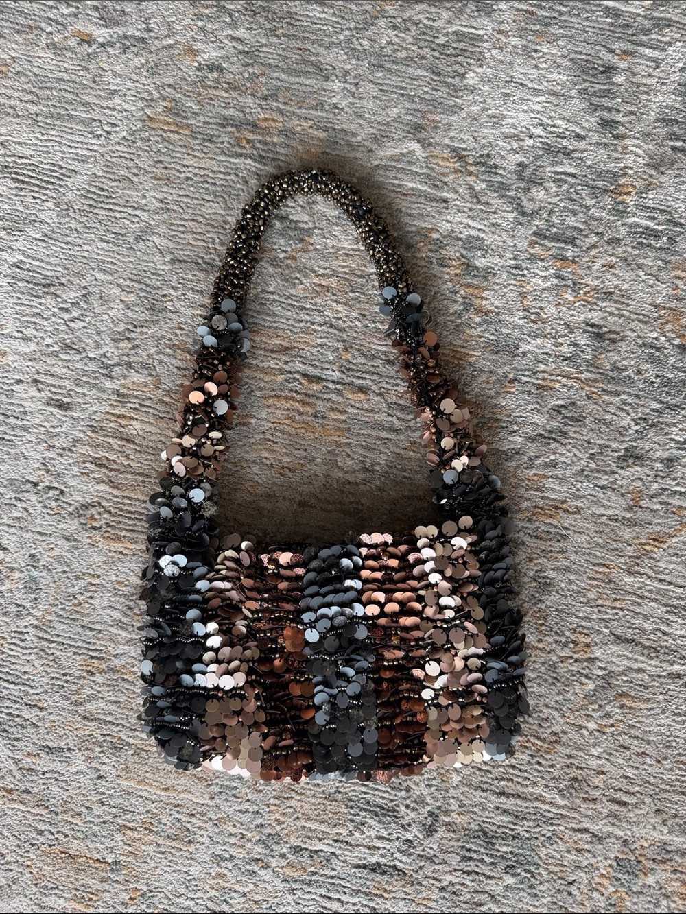 Zara Sequined Shoulder Bag in Black, Brown & Silver